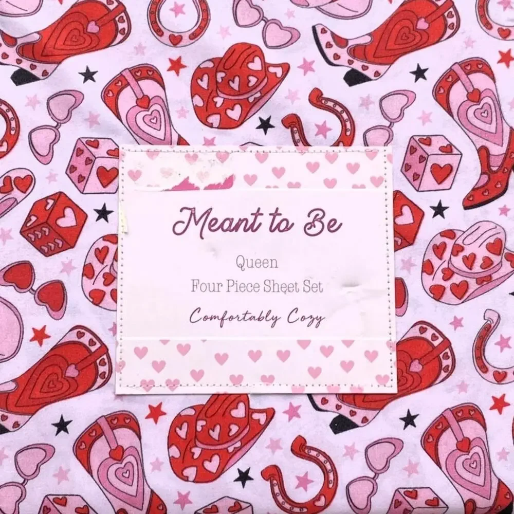 NWT ~ 4 pc Cowgirl In Love QUEEN SIZE Valentines Bed Sheets Cowboy Hats & Boots